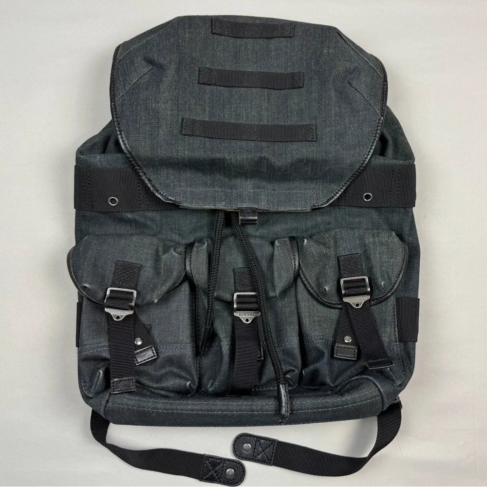 Diesel Waxed Denim De Breaking Backpack Dark Blue/Black Metal Buckles
